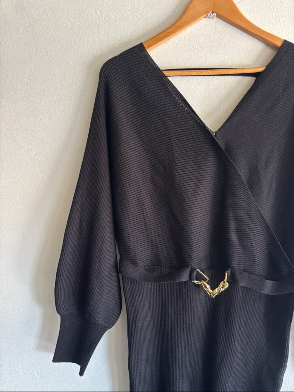 Black Ribbed Wrap Dress with Gold Buckle